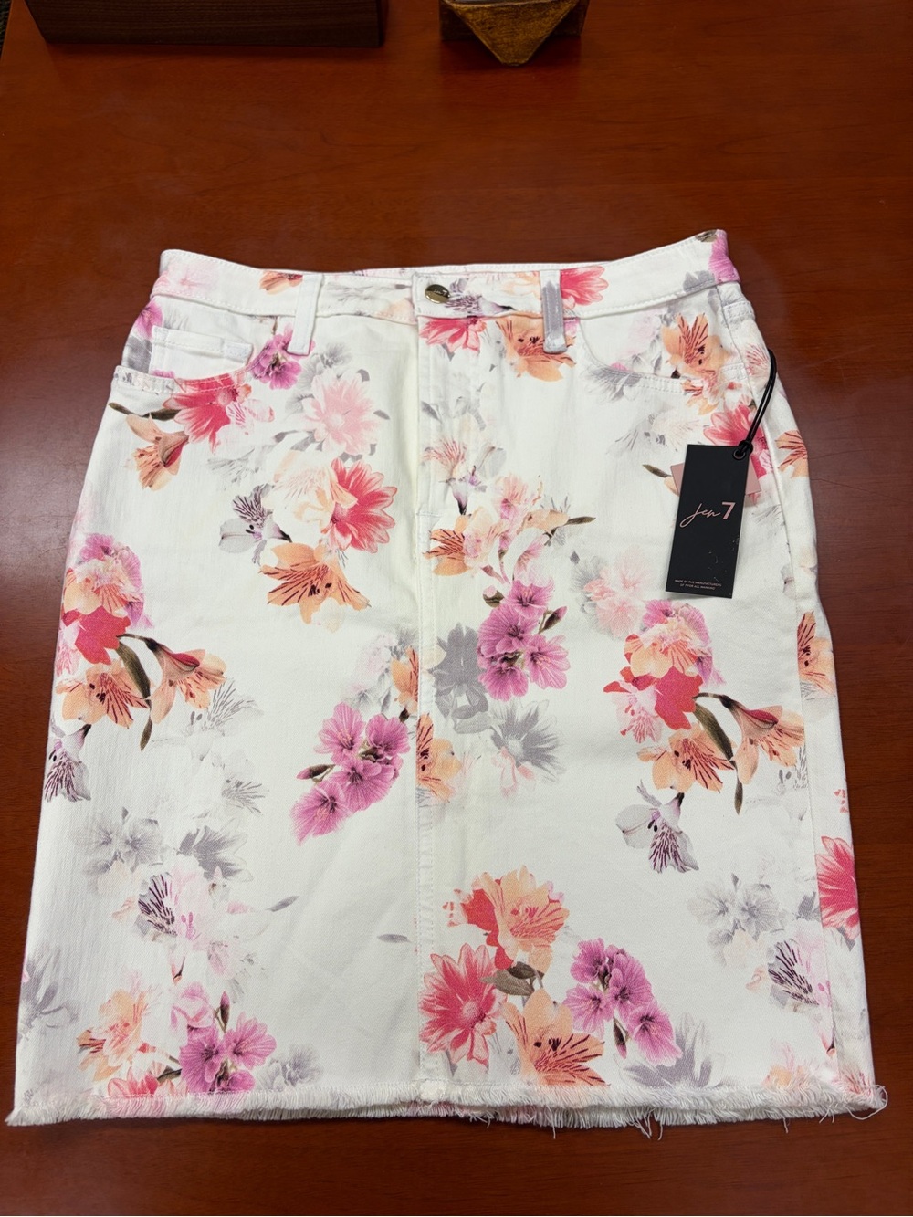Floral White Denim Midi Skirt - Pink & Peach Blooms